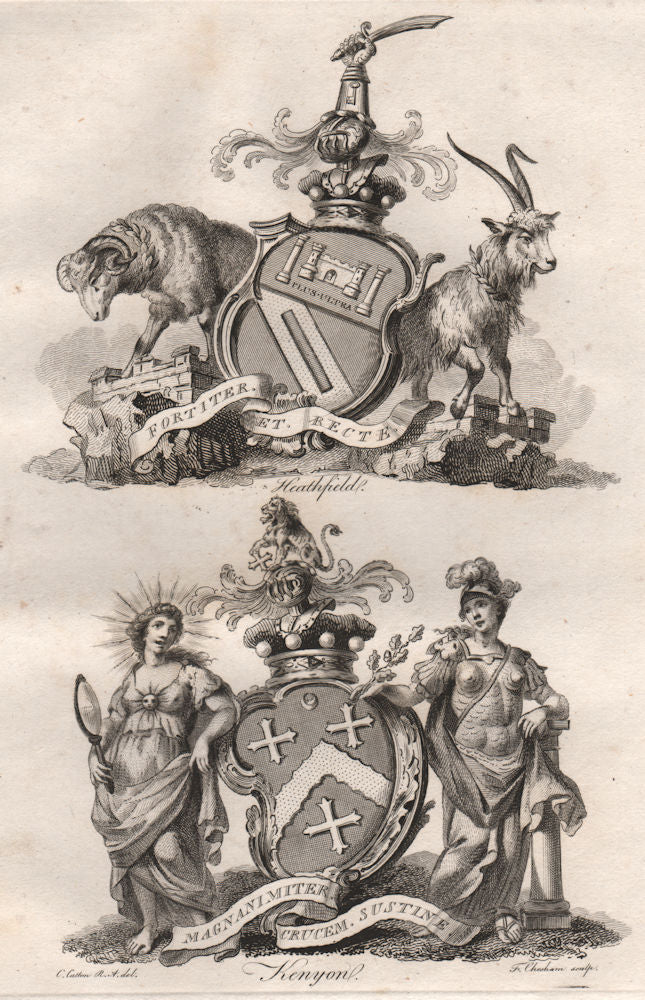 HEATHFIELD; KENYON. Coat of Arms. Heraldry 1790 old antique print picture